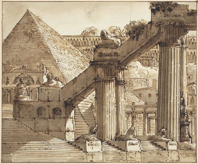 تصميم المسرح المصري ، 1800-10 (قلم وحبر بني مع غسل بني فوق الجرافيت على ورق مدرج) بواسطة بيترو غونزاغا